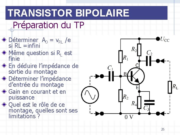 TRANSISTOR BIPOLAIRE Préparation du TP Déterminer A 0 = v. RL /e si RL