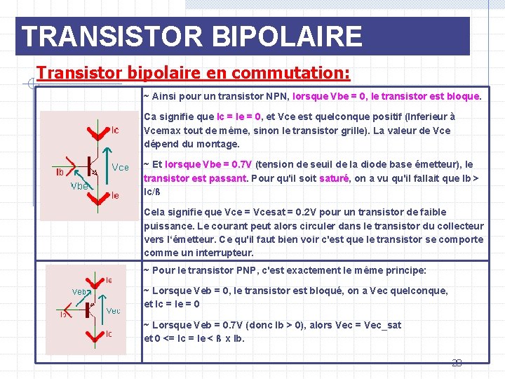 TRANSISTOR BIPOLAIRE Transistor bipolaire en commutation: ~ Ainsi pour un transistor NPN, lorsque Vbe