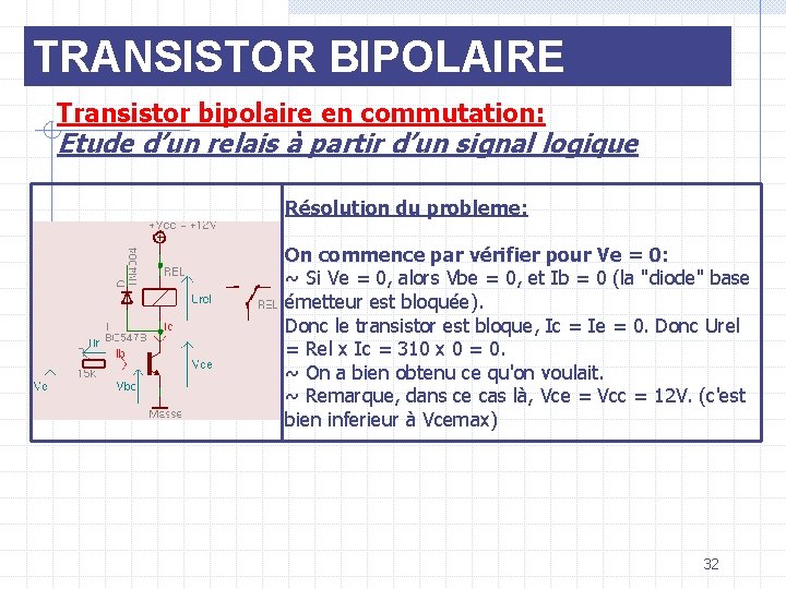 TRANSISTOR BIPOLAIRE Transistor bipolaire en commutation: Etude d’un relais à partir d’un signal logique