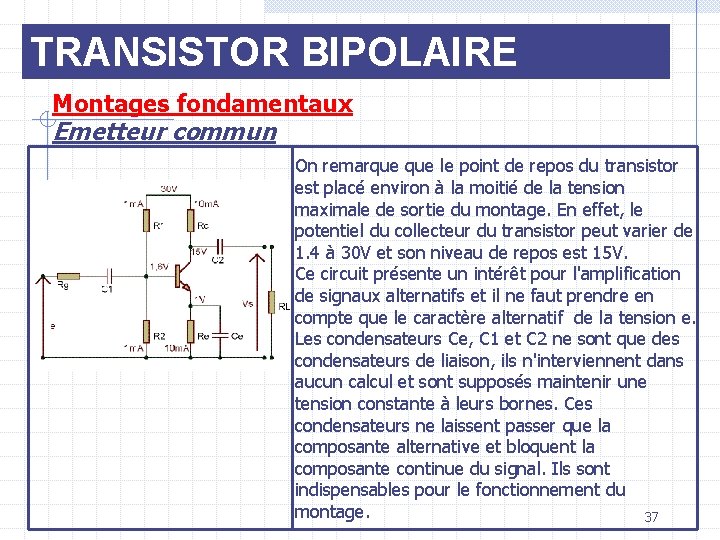 TRANSISTOR BIPOLAIRE Montages fondamentaux Emetteur commun On remarque le point de repos du transistor