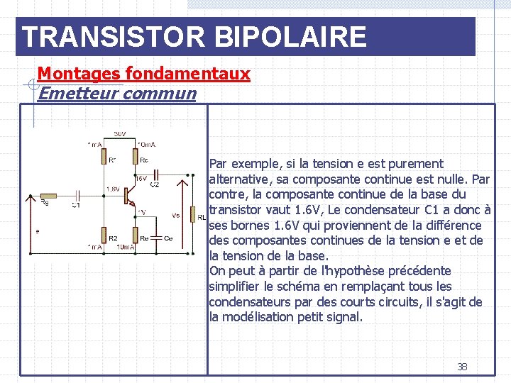 TRANSISTOR BIPOLAIRE Montages fondamentaux Emetteur commun Par exemple, si la tension e est purement