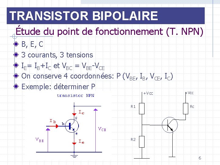 TRANSISTOR BIPOLAIRE Étude du point de fonctionnement (T. NPN) B, E, C 3 courants,
