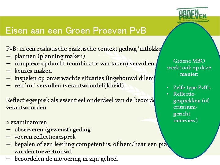 Eisen aan een Groen Proeven Pv. B: in een realistische praktische context gedrag ‘uitlokken’.