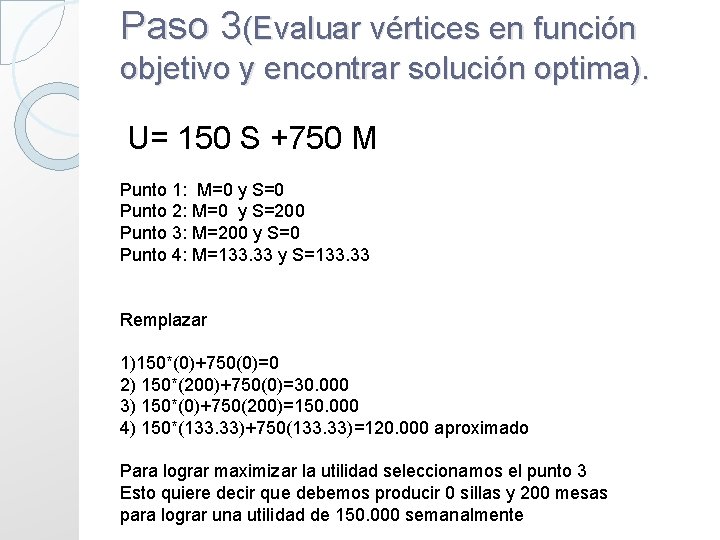 Paso 3(Evaluar vértices en función objetivo y encontrar solución optima). U= 150 S +750