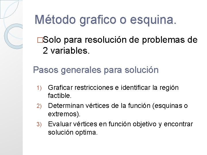 Método grafico o esquina. �Solo para resolución de problemas de 2 variables. Pasos generales