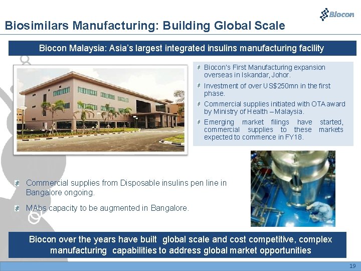 Biosimilars Manufacturing: Building Global Scale Biocon Malaysia: Asia’s largest integrated insulins manufacturing facility Biocon’s