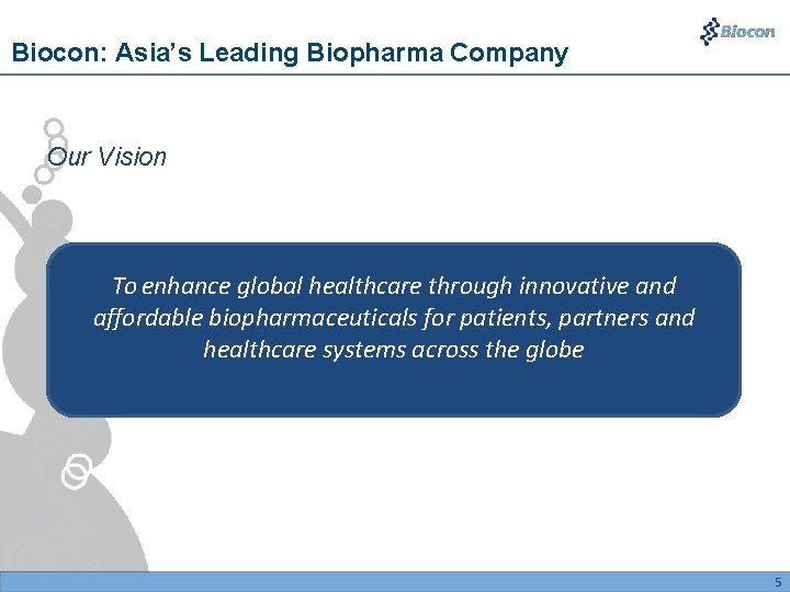 Biocon: Asia’s Leading Biopharma Company Our Vision To enhance global healthcare through innovative and