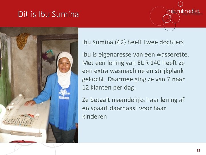 Dit is Ibu Sumina (42) heeft twee dochters. Ibu is eigenaresse van een wasserette.