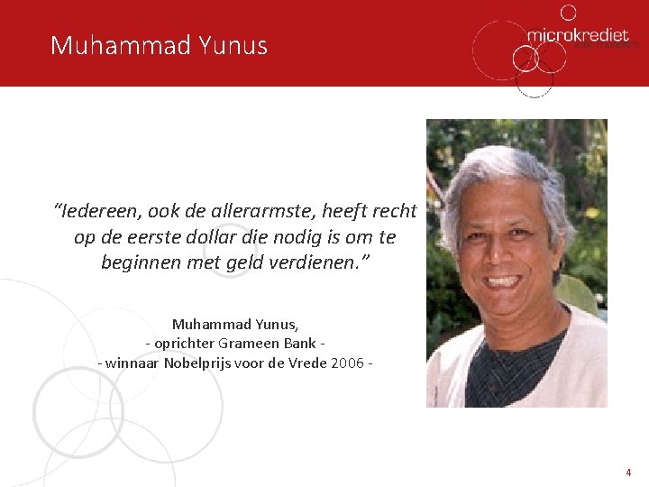 Muhammad Yunus “Iedereen, ook de allerarmste, heeft recht op de eerste dollar die nodig