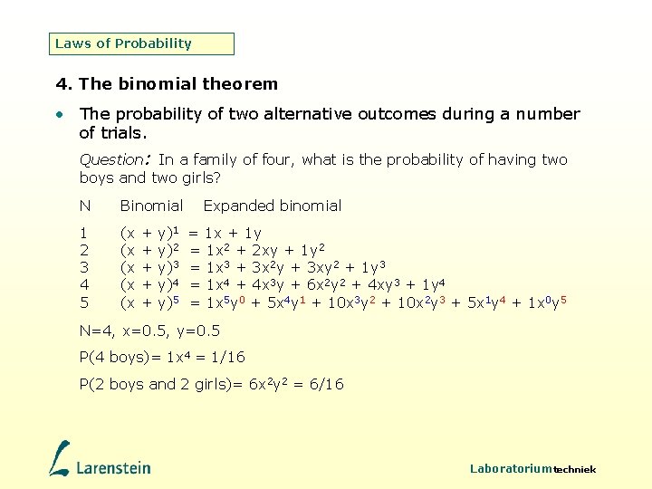 Laws of Probability 4. The binomial theorem • The probability of two alternative outcomes