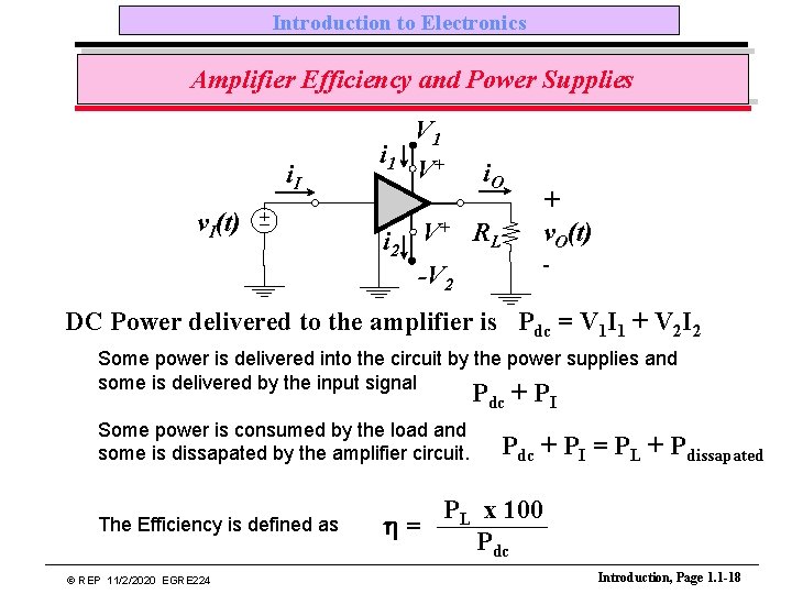 Introduction to Electronics Amplifier Efficiency and Power Supplies i. I v. I(t) i 1