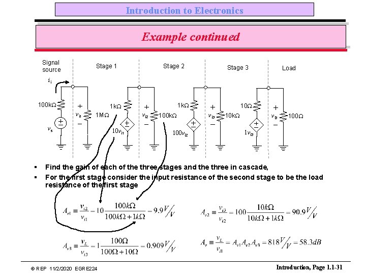 Introduction to Electronics Example continued Signal source Stage 1 Stage 2 Stage 3 Load