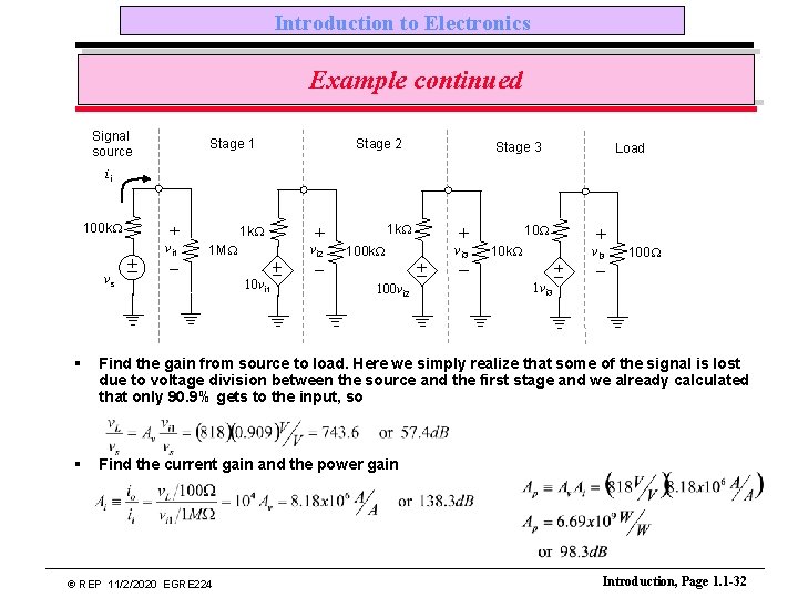Introduction to Electronics Example continued Signal source Stage 1 Stage 2 Stage 3 Load