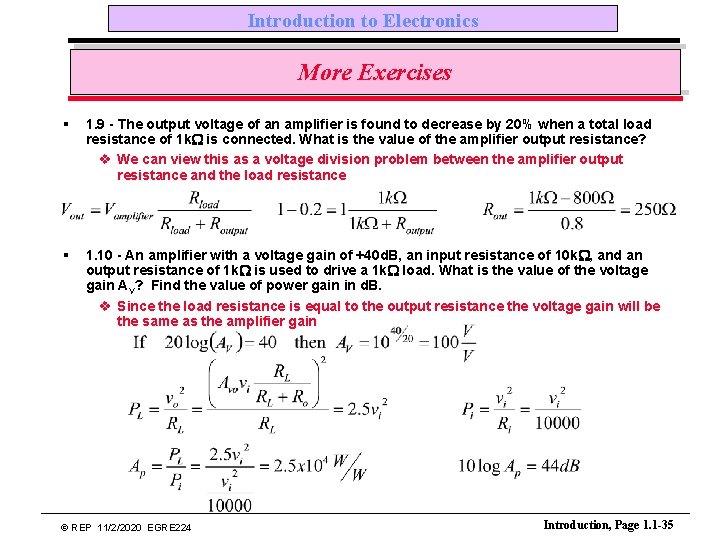 Introduction to Electronics More Exercises § 1. 9 - The output voltage of an