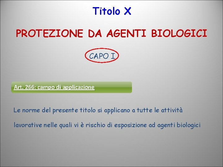 Titolo X PROTEZIONE DA AGENTI BIOLOGICI CAPO I Art. 266: campo di applicazione Le