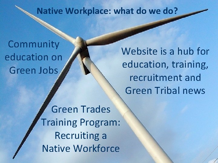 Native Workplace: what do we do? Community education on Green Jobs Website is a