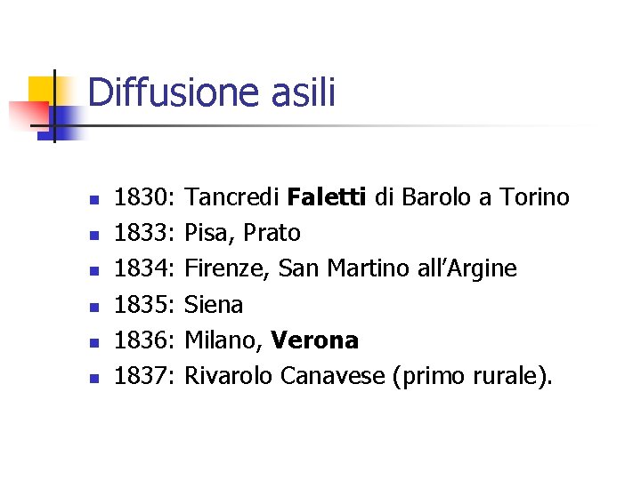 Diffusione asili n n n 1830: 1833: 1834: 1835: 1836: 1837: Tancredi Faletti di