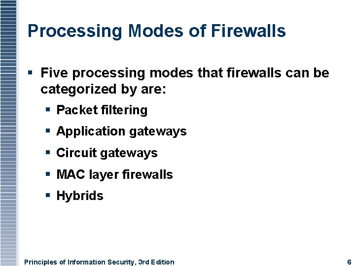 Processing Modes of Firewalls Five processing modes that firewalls can be categorized by are: