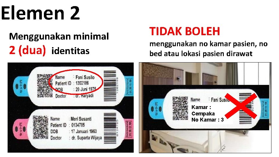 Elemen 2 Menggunakan minimal 2 (dua) identitas TIDAK BOLEH menggunakan no kamar pasien, no