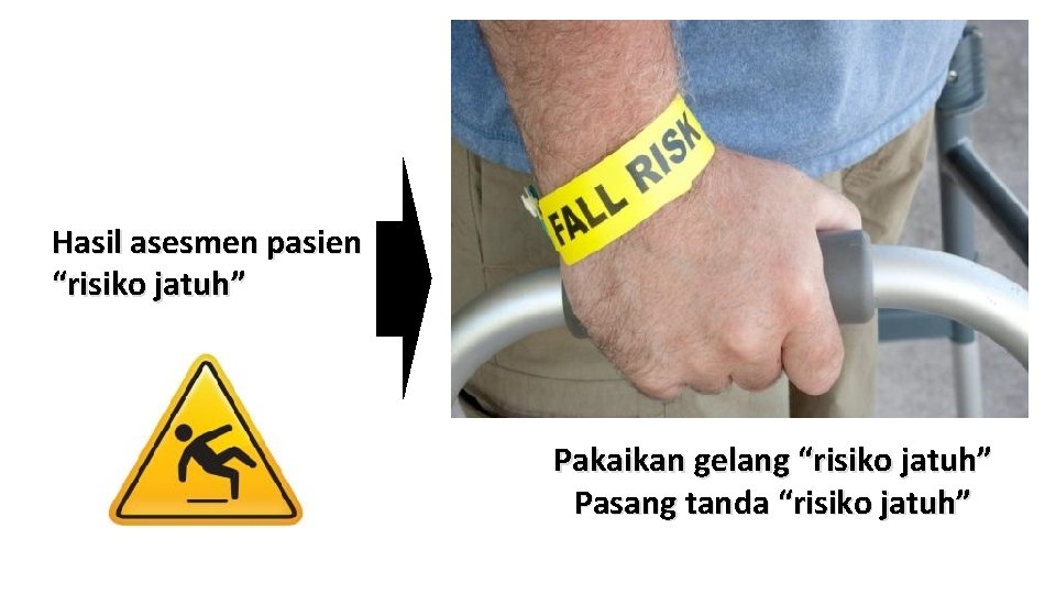 Hasil asesmen pasien “risiko jatuh” Pakaikan gelang “risiko jatuh” Pasang tanda “risiko jatuh” 