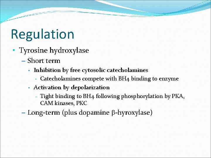 Regulation • Tyrosine hydroxylase – Short term • • Inhibition by free cytosolic catecholamines Regulation • Tyrosine hydroxylase – Short term • • Inhibition by free cytosolic catecholamines