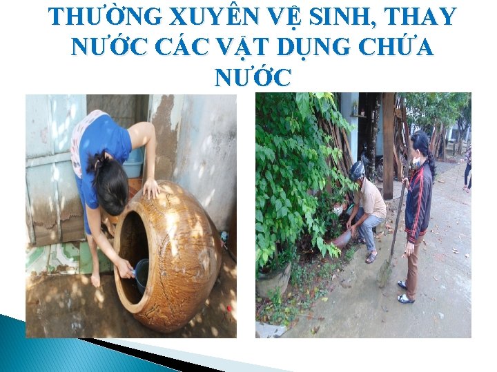 THƯỜNG XUYÊN VỆ SINH, THAY NƯỚC CÁC VẬT DỤNG CHỨA NƯỚC 