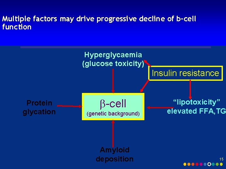 Multiple factors may drive progressive decline of b-cell function Hyperglycaemia (glucose toxicity) Insulin resistance