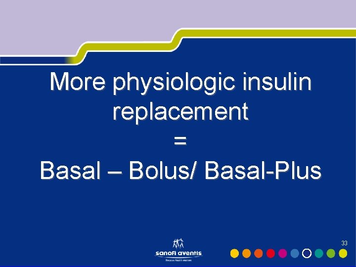 More physiologic insulin replacement = Basal – Bolus/ Basal-Plus 33 