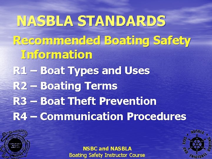 NASBLA STANDARDS Recommended Boating Safety Information R 1 – Boat Types and Uses R