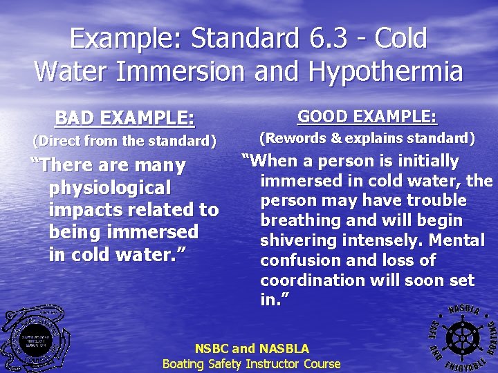 Example: Standard 6. 3 - Cold Water Immersion and Hypothermia BAD EXAMPLE: (Direct from