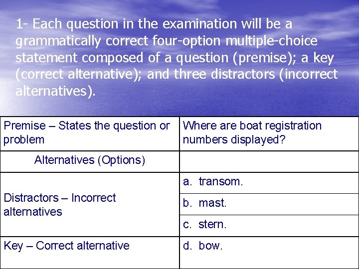 1 - Each question in the examination will be a grammatically correct four-option multiple-choice
