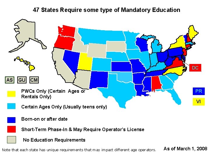 47 States Require some type of Mandatory Education DC AS GU CM PWCs Only