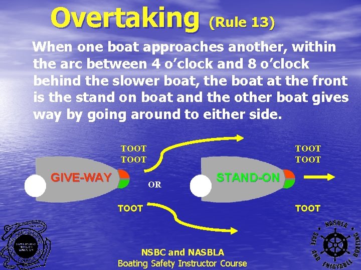 Overtaking (Rule 13) When one boat approaches another, within the arc between 4 o’clock