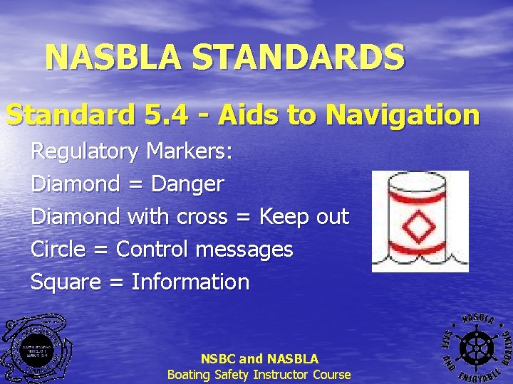 NASBLA STANDARDS Standard 5. 4 - Aids to Navigation Regulatory Markers: Diamond = Danger