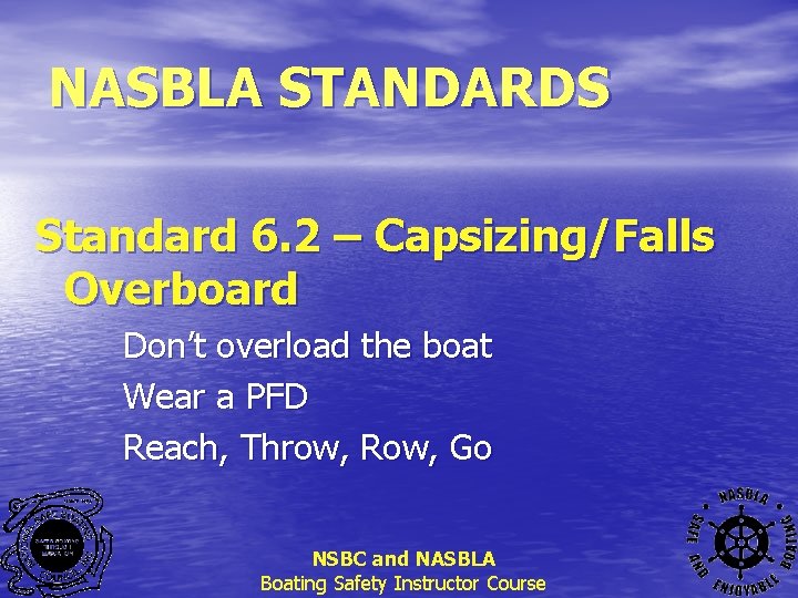 NASBLA STANDARDS Standard 6. 2 – Capsizing/Falls Overboard Don’t overload the boat Wear a