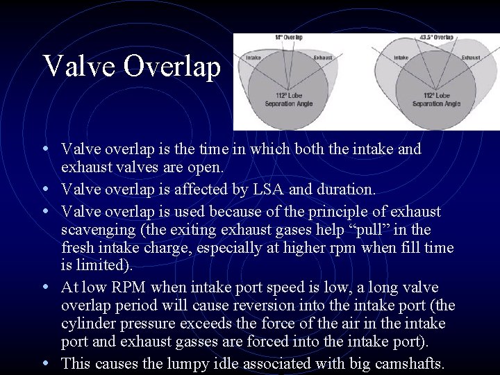 Valve Overlap • Valve overlap is the time in which both the intake and