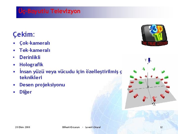 Üç-Boyutlu Televizyon Çekim: • • • Çok-kameralı Tek-kameralı Derinlikli Holografik İnsan yüzü veya vücudu