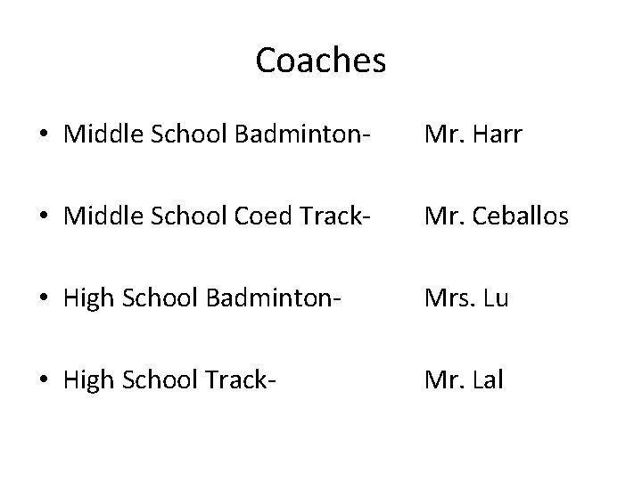 Coaches • Middle School Badminton- Mr. Harr • Middle School Coed Track- Mr. Ceballos