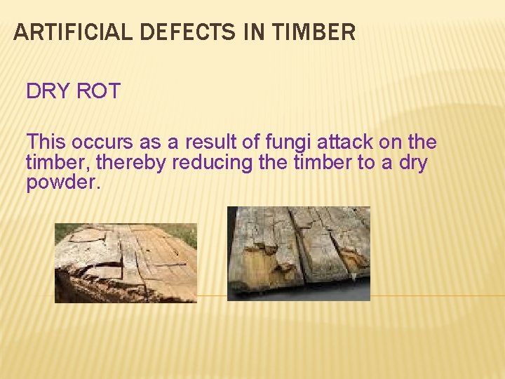 ARTIFICIAL DEFECTS IN TIMBER DRY ROT This occurs as a result of fungi attack