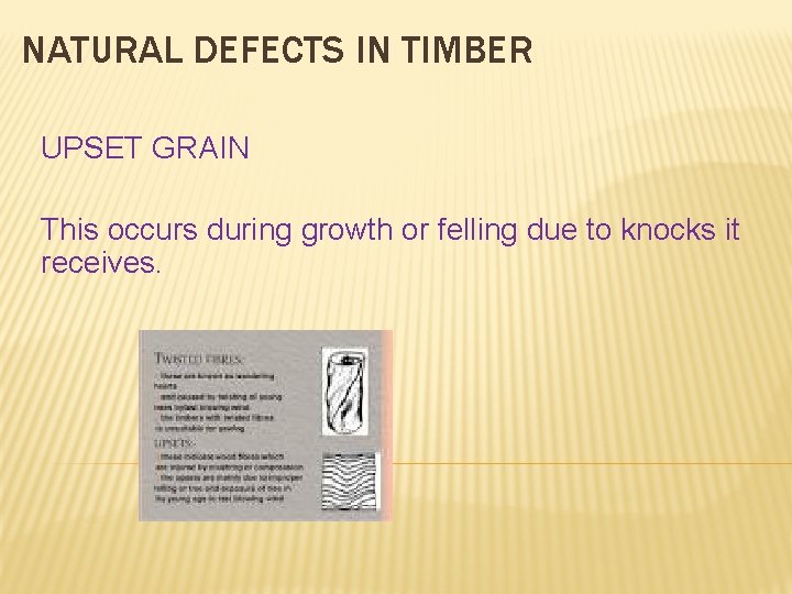 NATURAL DEFECTS IN TIMBER UPSET GRAIN This occurs during growth or felling due to