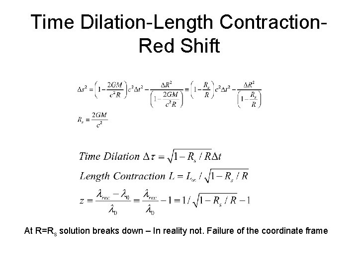 Time Dilation-Length Contraction. Red Shift At R=Rs solution breaks down – In reality not.