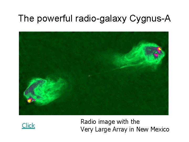 The powerful radio-galaxy Cygnus-A Click Radio image with the Very Large Array in New