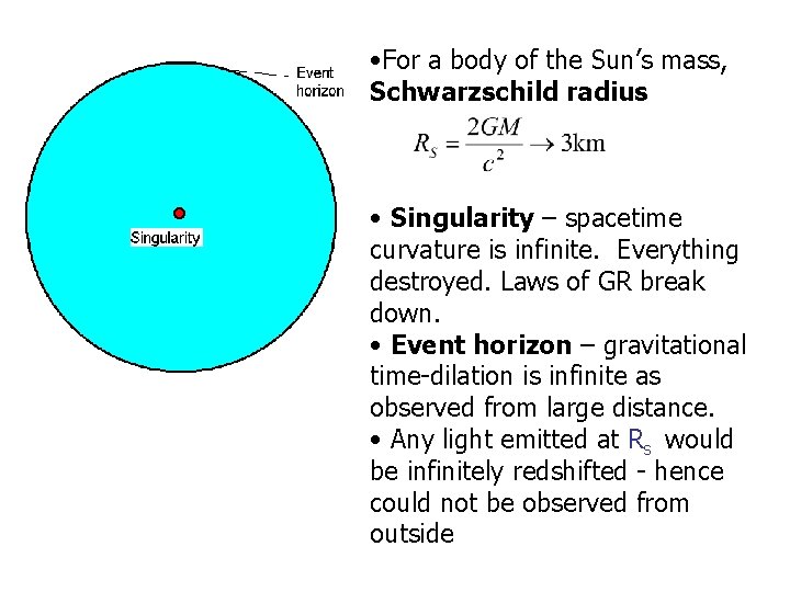  • For a body of the Sun’s mass, Schwarzschild radius • Singularity –