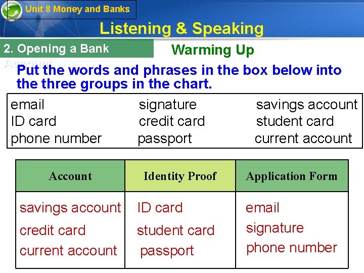 Unit 8 Money and Banks Listening & Speaking 2. Opening a Bank Account Warming