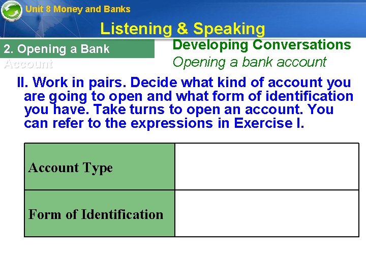 Unit 8 Money and Banks Listening & Speaking Developing Conversations Opening a bank account