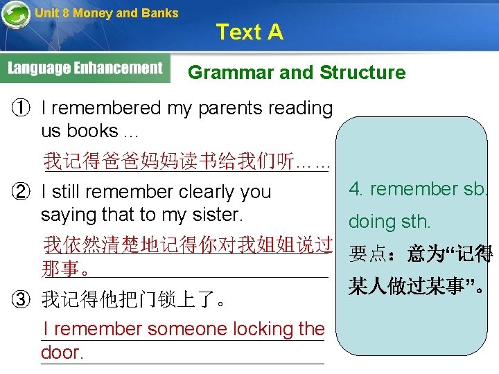 Unit 8 Money and Banks Text A Grammar and Structure ① I remembered my