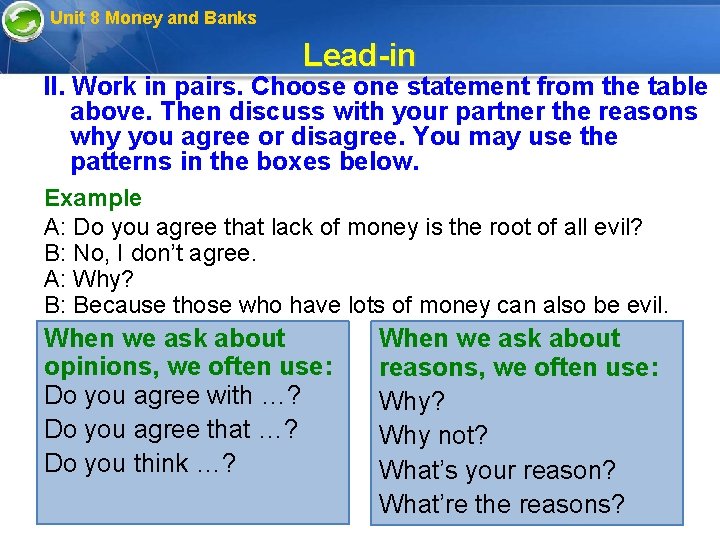 Unit 8 Money and Banks Lead-in II. Work in pairs. Choose one statement from
