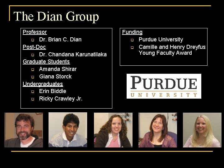 The Dian Group Professor q Dr. Brian C. Dian Post-Doc q Dr. Chandana Karunatilaka