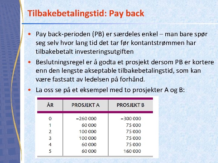 Tilbakebetalingstid: Pay back • Pay back-perioden (PB) er særdeles enkel – man bare spør