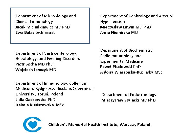 Department of Microbiology and Clinical Immunology Jacek Michałkiewicz MD Ph. D Ewa Balas tech
